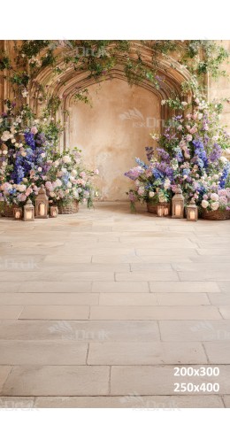 Tło fotograficzne „Kwiatowa kamienna arkada z romantycznymi lampionami” | E696